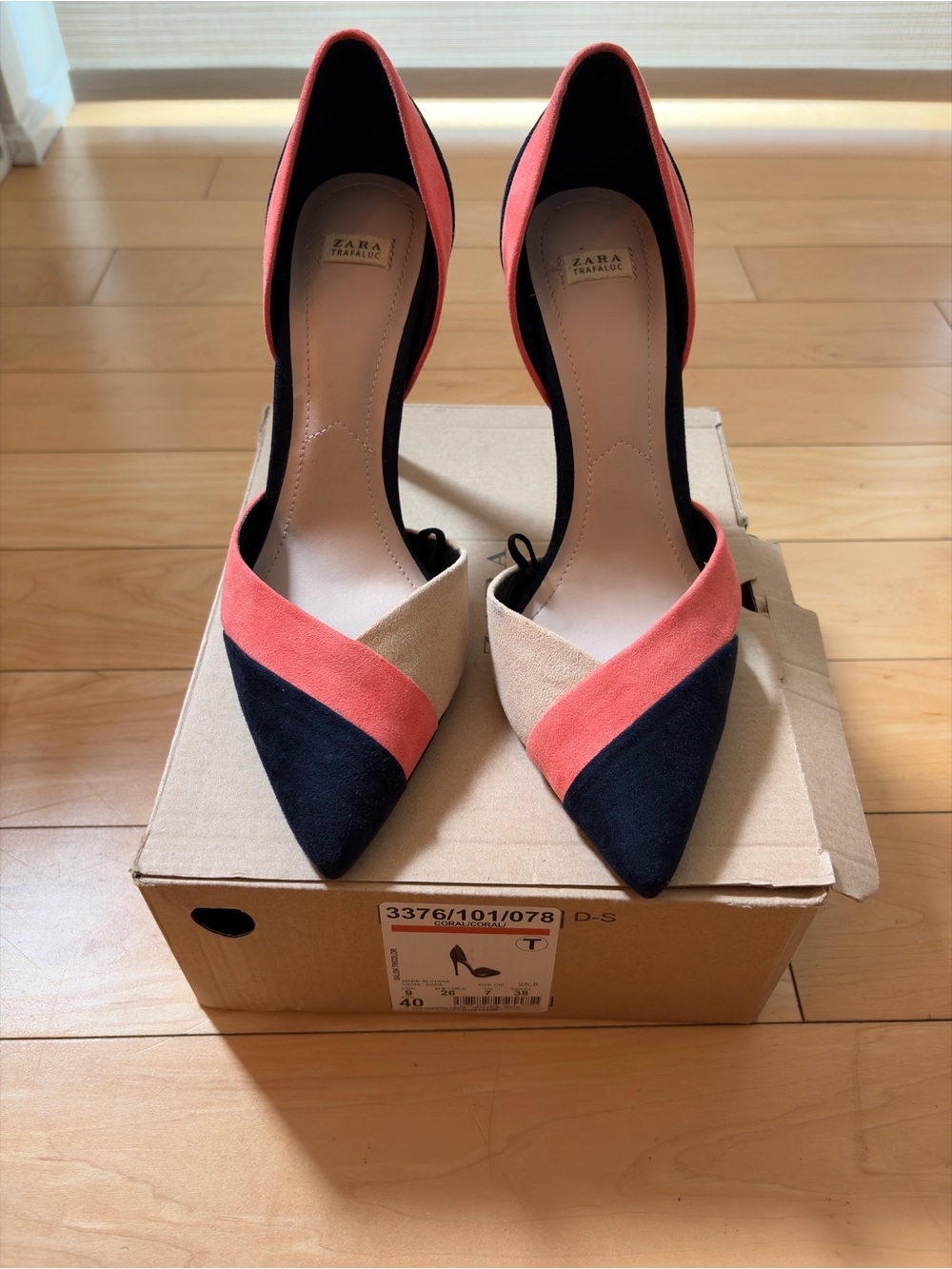 Zara Coral Beige Navy Colorblock Pointed D'Orsay Pumps